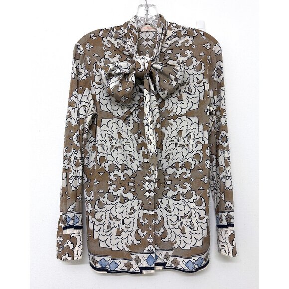 Tory Burch Wheat Nocturne Print Silk Blouse Top Floral Taupe White Bow Tie 4 - Picture 2 of 16